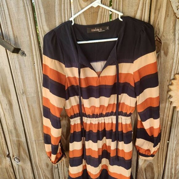 Mina UK Brown Black Stripe Maxi Dress Fall Colors Women's Small - Picture 3 of 6